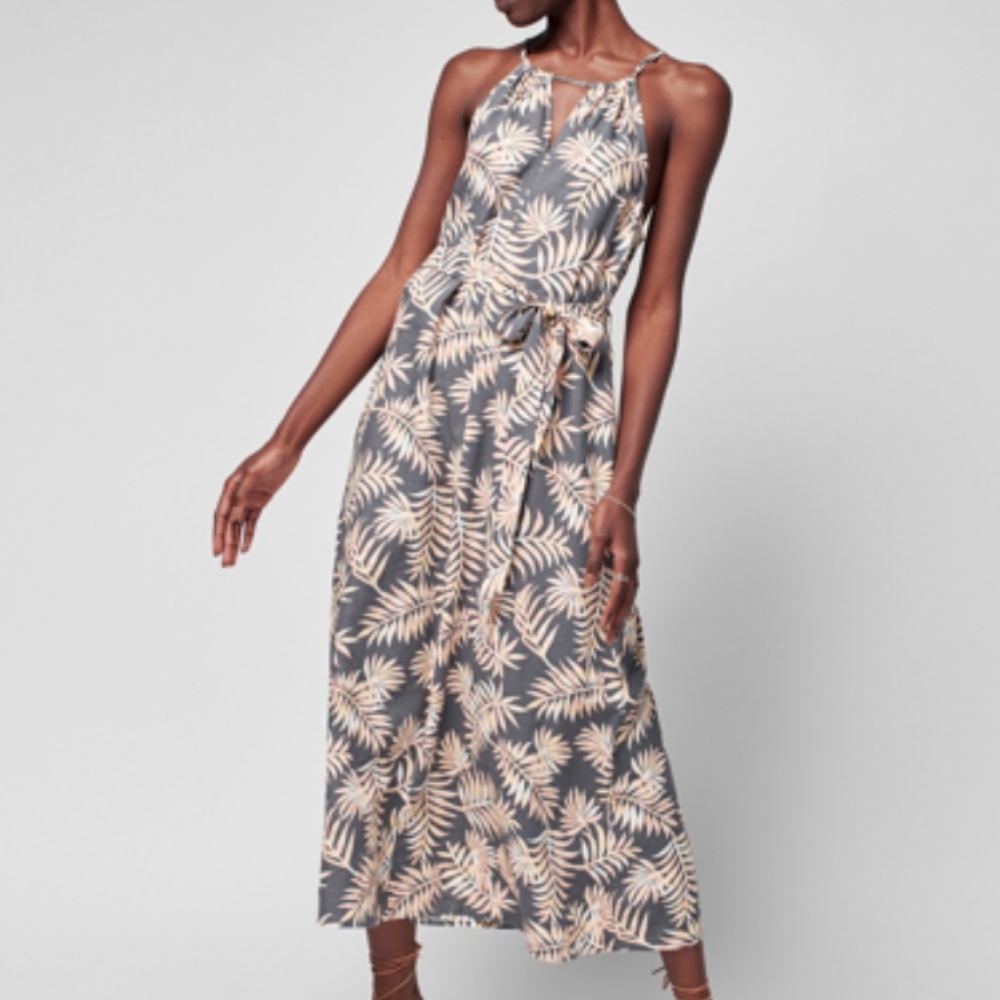 FAHERTY Brigette Dress Tropical Palm Linen Viscose Halter Maxi Dress Small